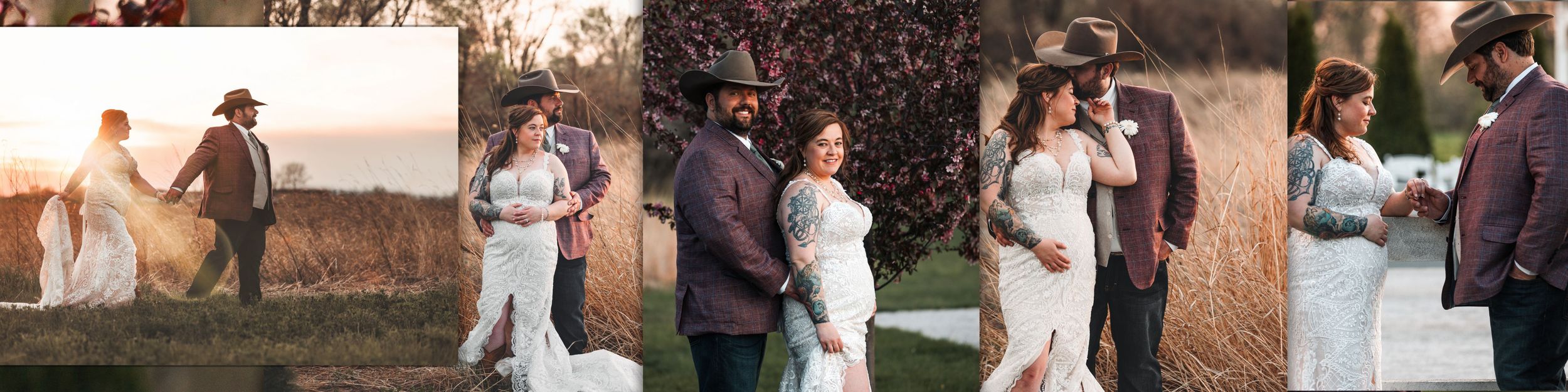 Romantic outdoor photoshoot of couples celebrating their special day in golden sunset lighting.