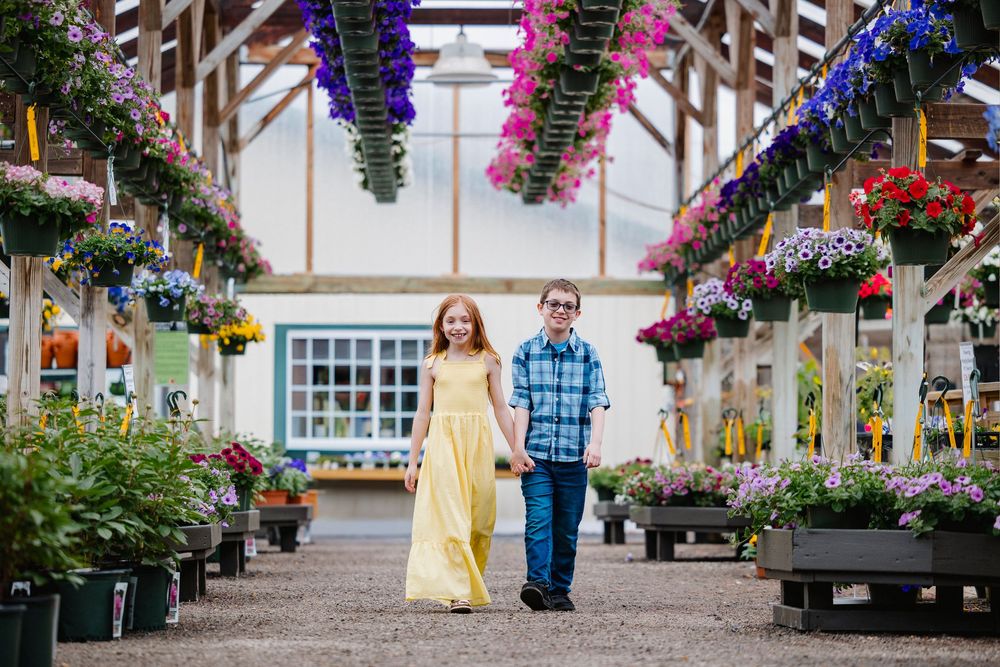 Children walking through a greenhouse filled with hanging flower baskets and colorful blooms overhead.