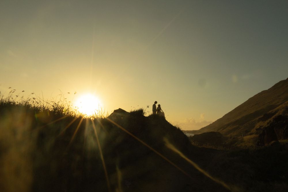 A silhouette sits atop a hill against a golden sunset with sunbeams streaming through tall grass in the foreground.