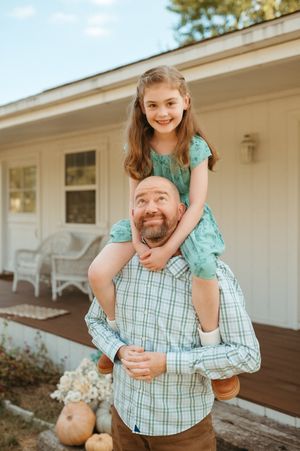 A playful sequence of photos showing a parent and child sharing joyful moments on a front porch.