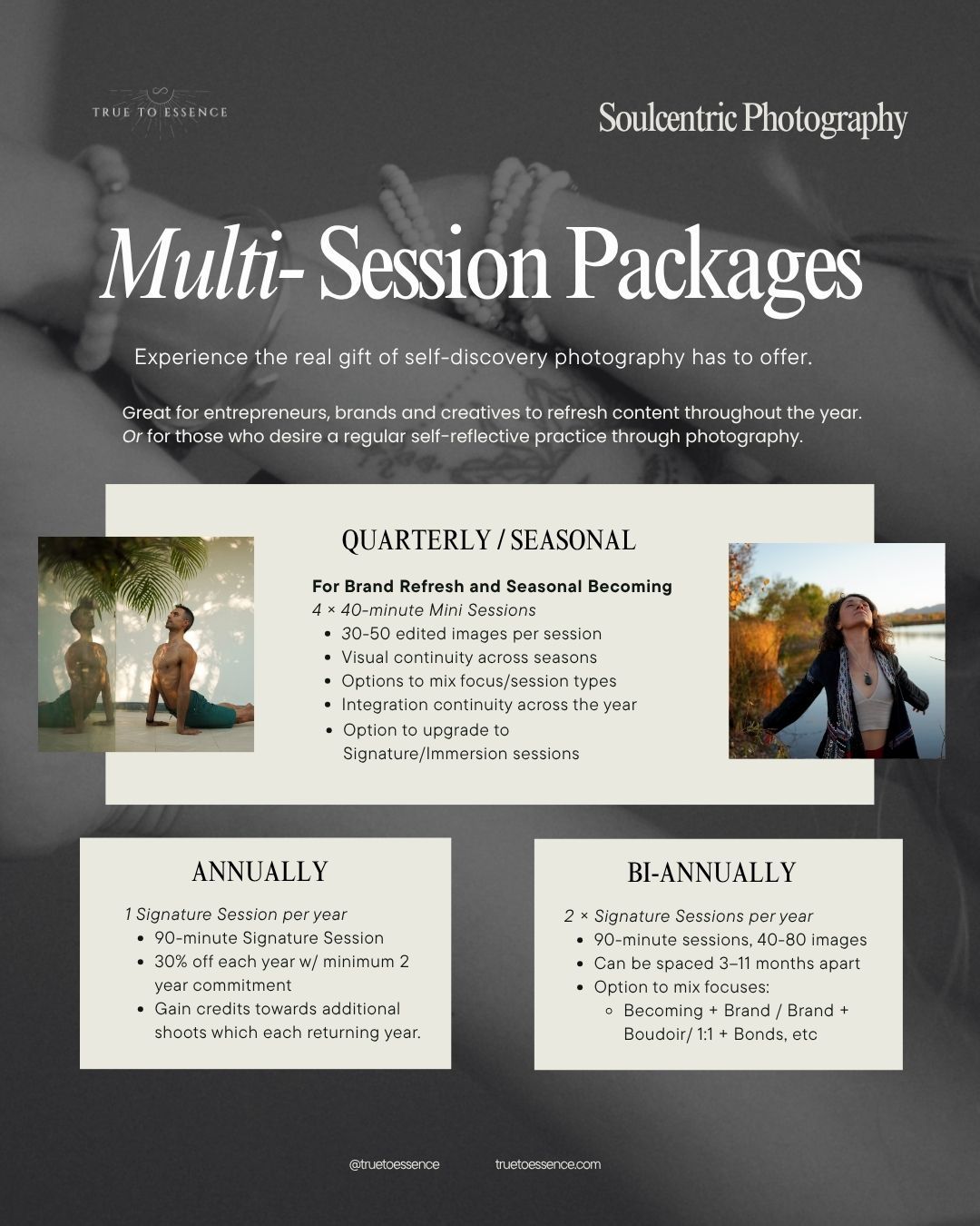 Photography studio pricing packages displayed on dark background showing multi-session and seasonal service options.