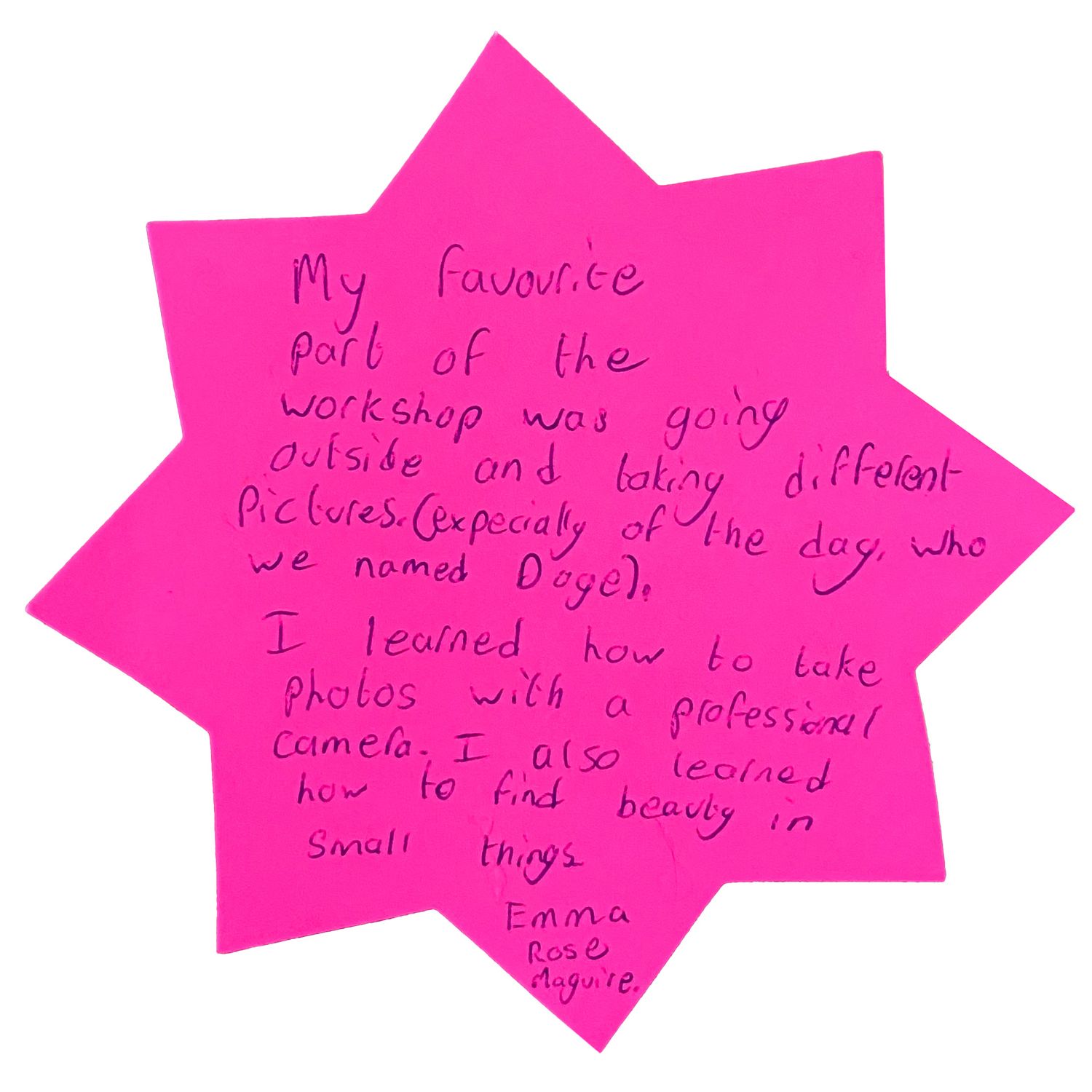 Pink star-shaped notes with handwritten reflections arranged horizontally.