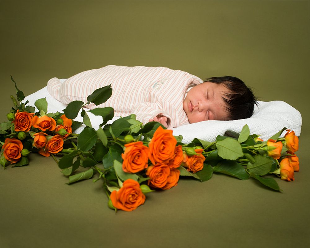 Newborn baby sleeping peacefully on a white blanket surrounded by bright orange roses against an olive green background.