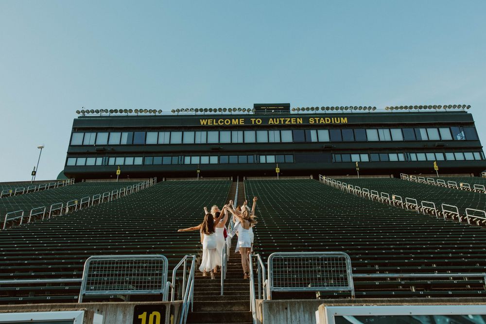 A sequence of stadium bleacher photos showing empty green seats and railings at different angles in an outdoor venue.