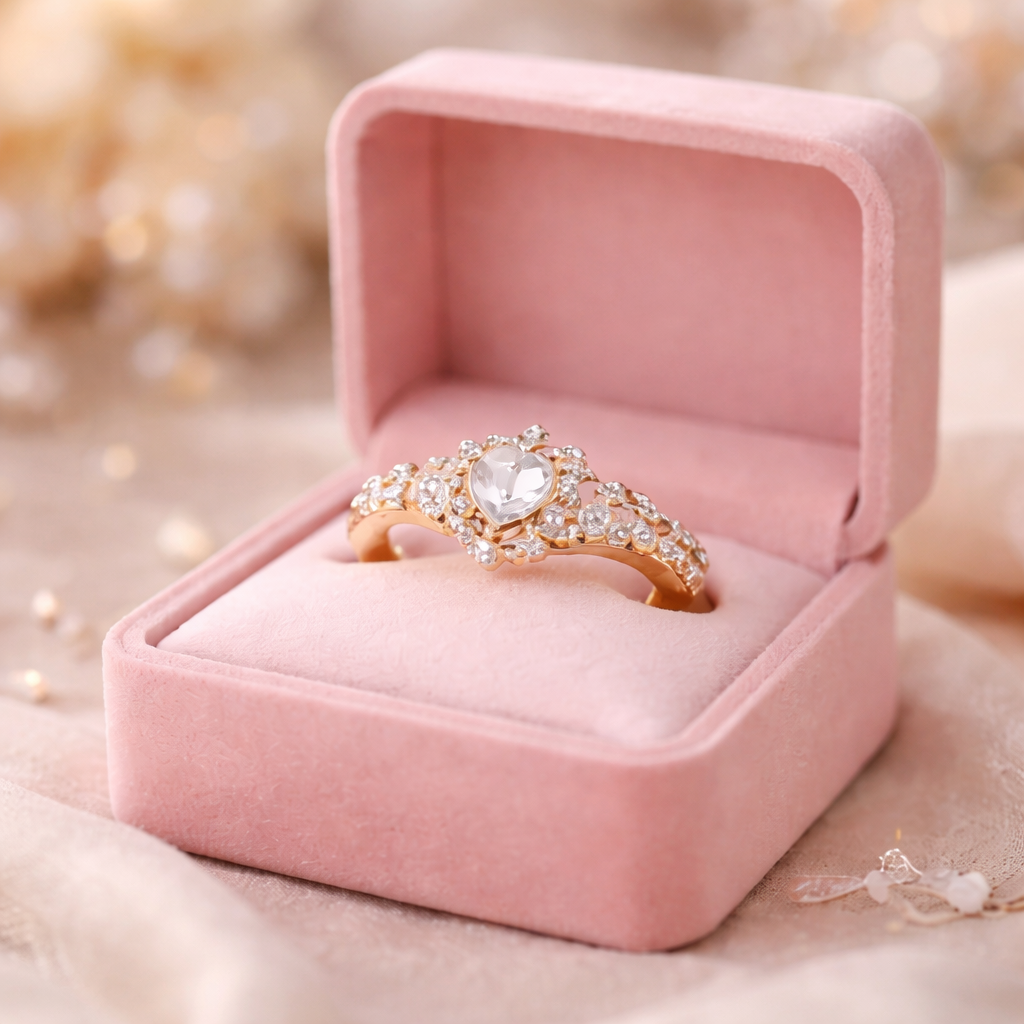 Close-up of quince ring anillo in velvet box for Dallas Fort Worth quinceañera photoshoot, ready for hand poses and nail detail shots