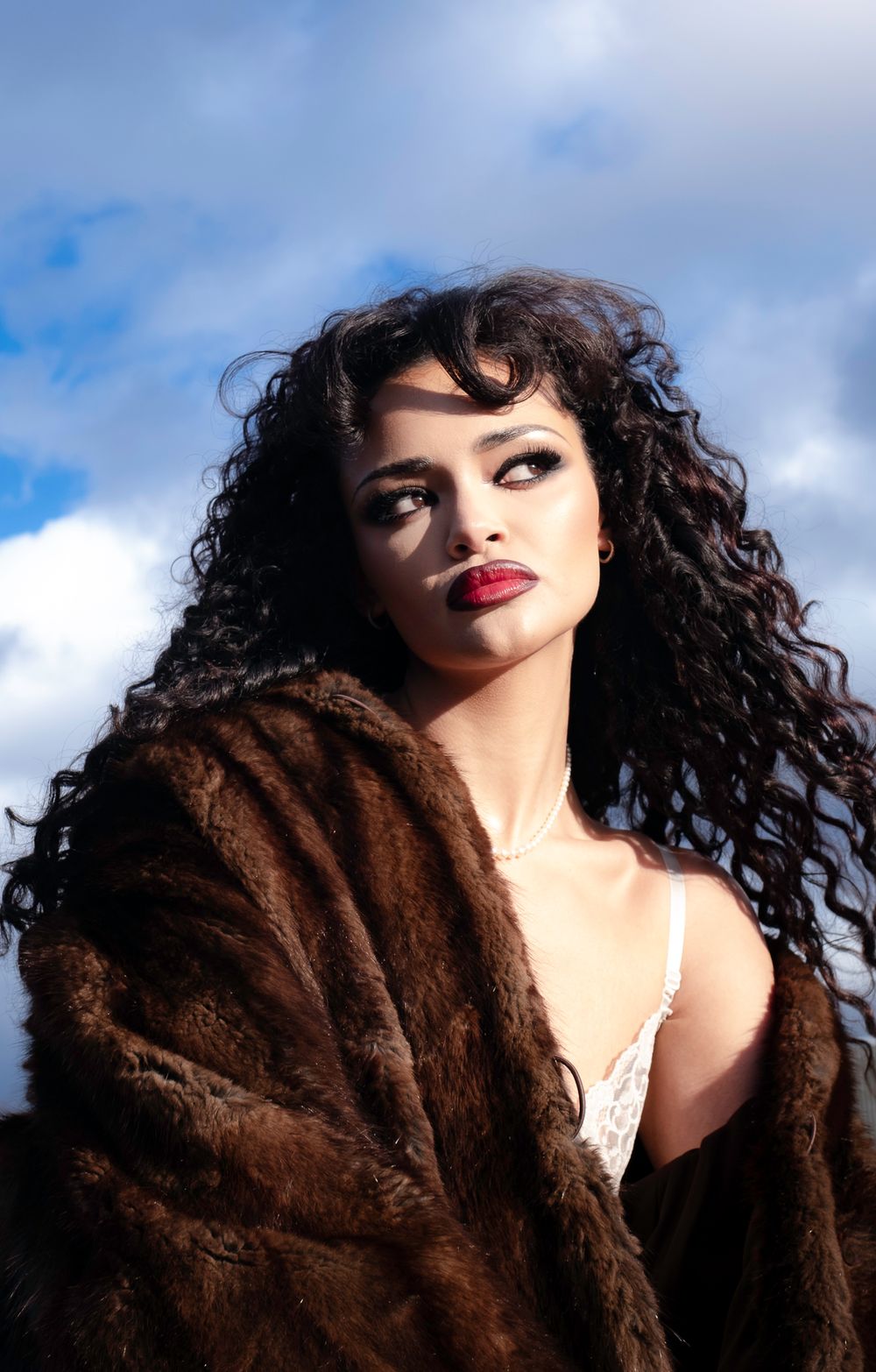 Dramatic outdoor portrait with brown fur coat against blue sky and clouds.