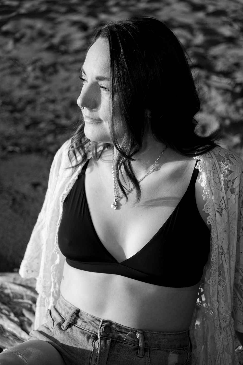 beach, golden hour, sunset, black and white