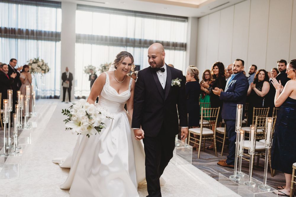 A series of wedding ceremony moments showing guests, decor, and celebrations in an elegant indoor venue.