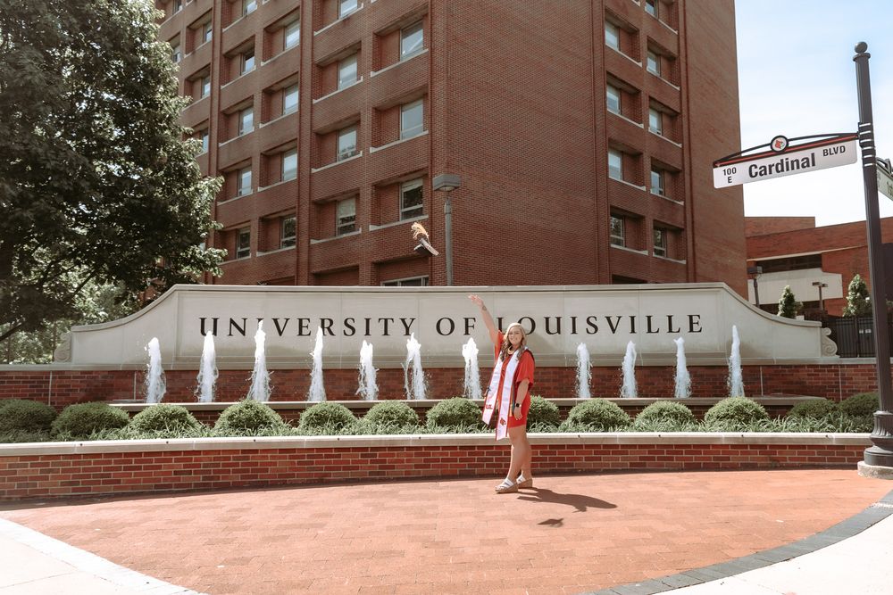 Panoramic view of University of Louisville campus buildings and brick architecture.