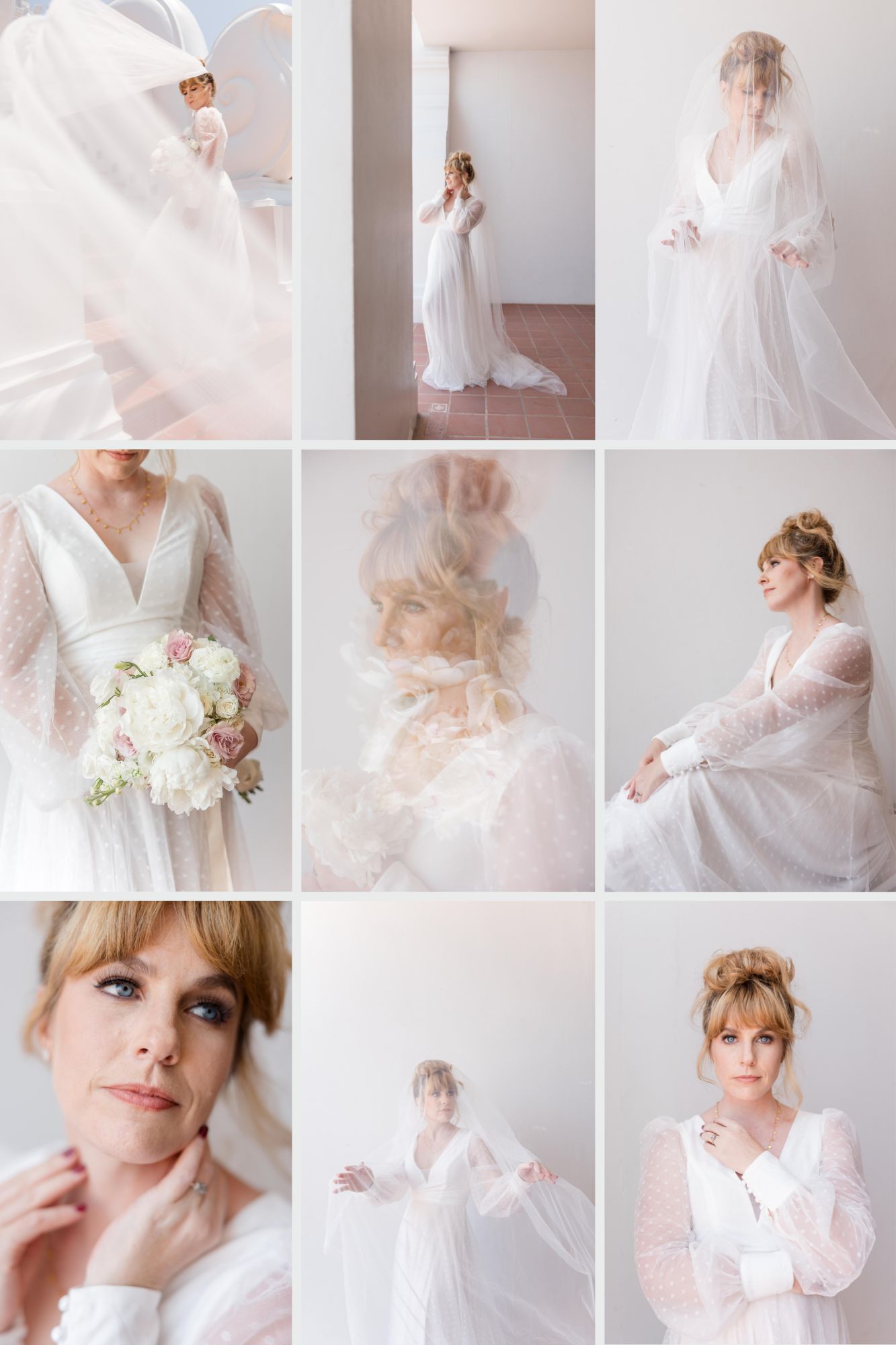 Romantic bridal portrait collage featuring ethereal white gowns and delicate details.