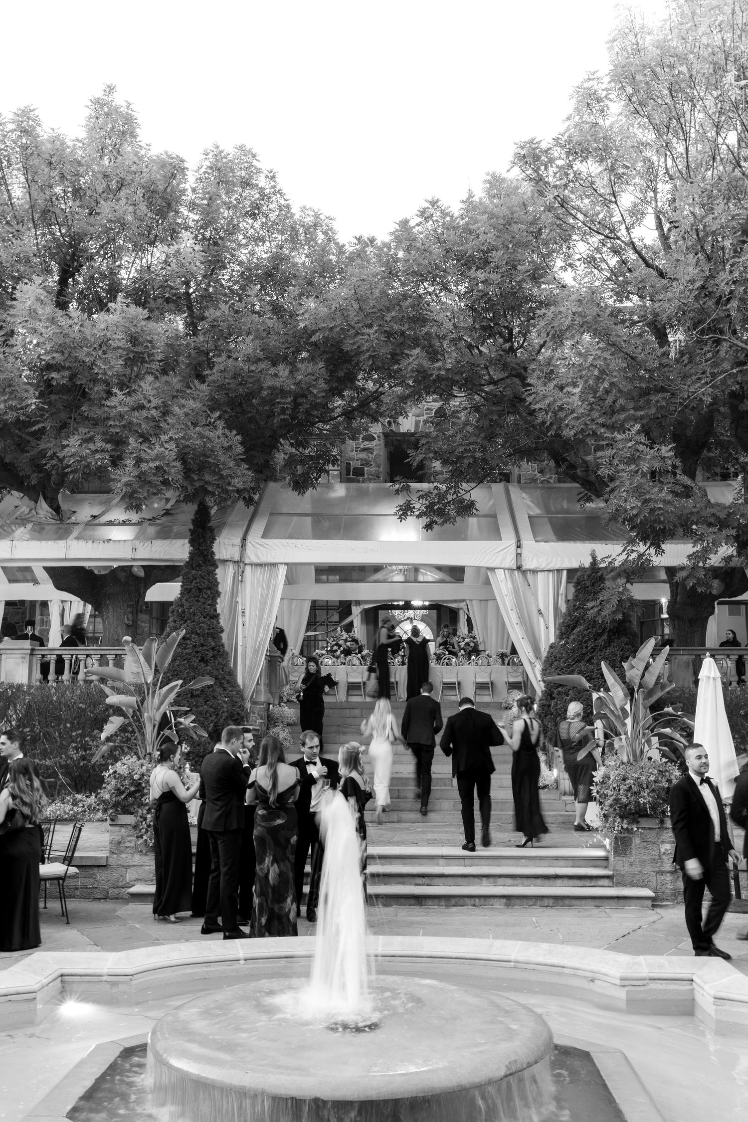 Black and white panoramic view of an outdoor wedding ceremony with guests gathered under trees and white canopies.