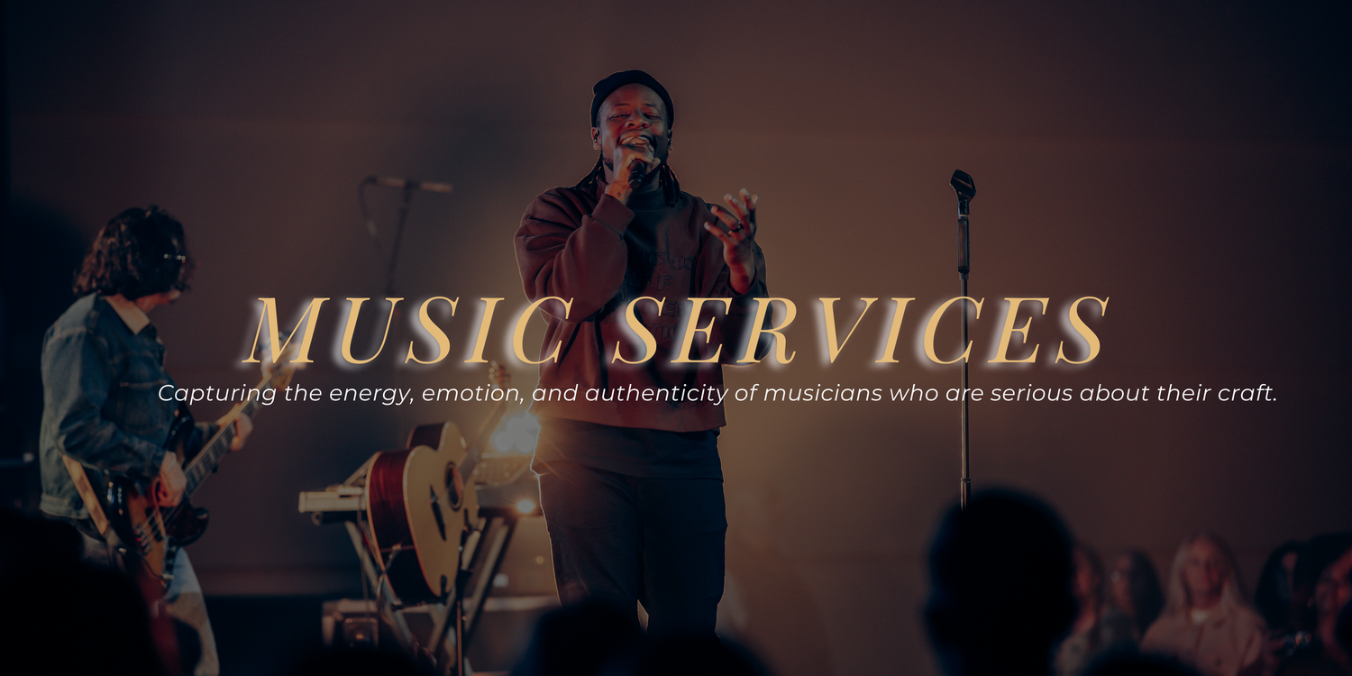 A silhouetted performer sings on stage with band members and 'Music Photography' text overlay against dark background.