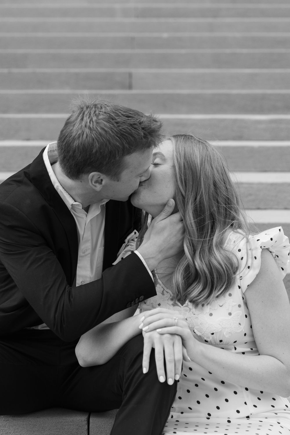 A romantic sequence of black and white photos showing a couple dipping and kissing in formal attire.