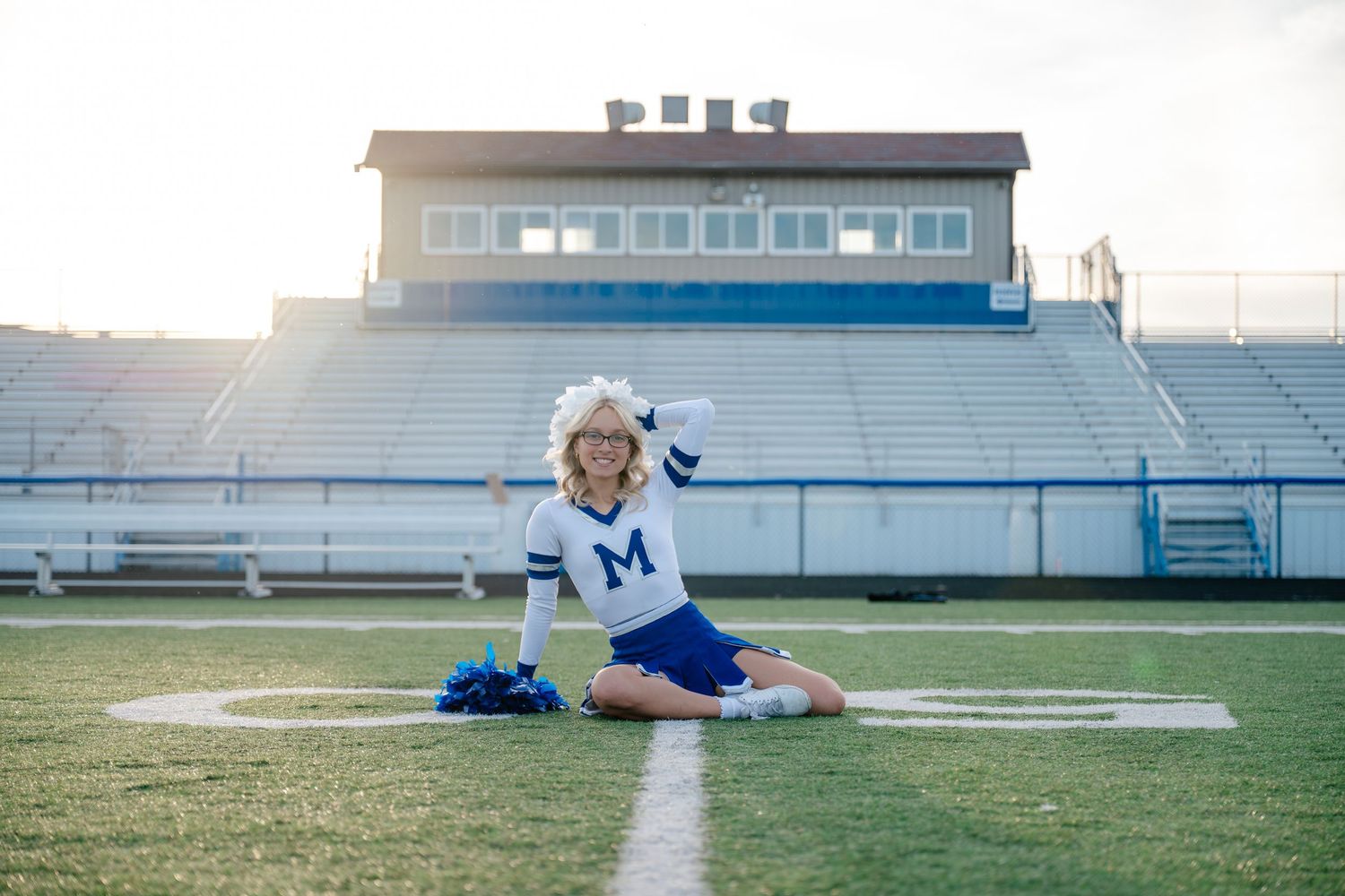 A series of five photos showing a high school football field with bleachers and stadium lights at different angles.