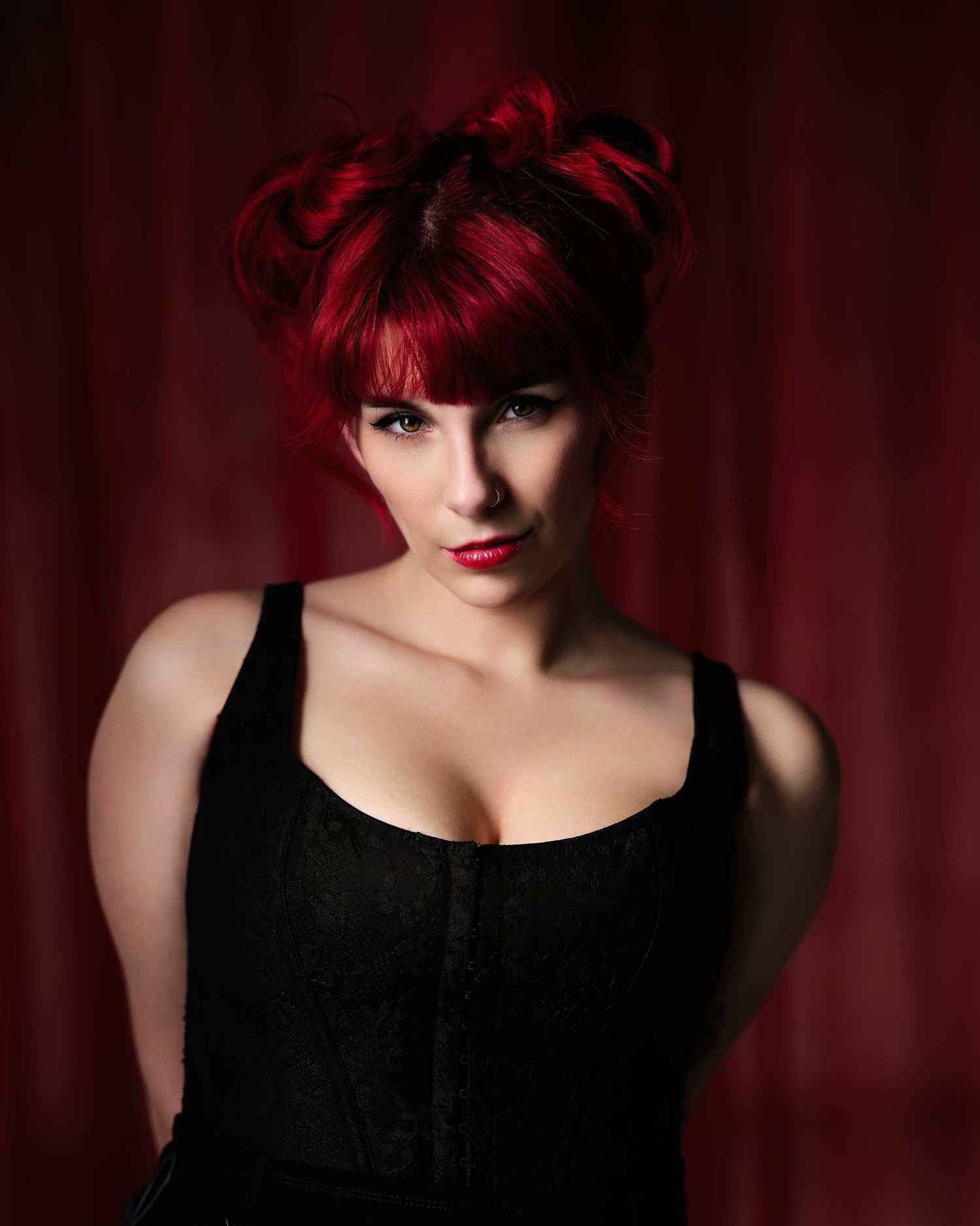 David G Holt Photography - Fashion portrait with metallic dress against dramatic blue and red lighting.