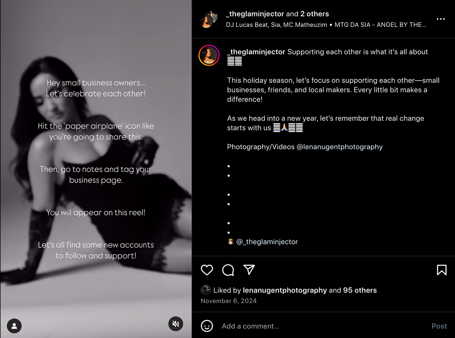 Social media screenshot showing boudoir photography promotional content with dark aesthetic.