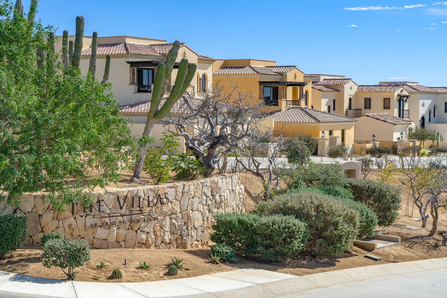 Mediterranean-style stucco homes with terra cotta roofs line a desert neighborhood featuring native desert landscaping.