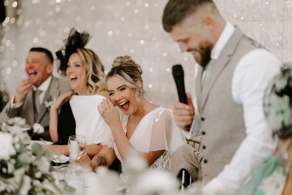 A collection of candid wedding photos showing joyful moments between couples during their celebration.
