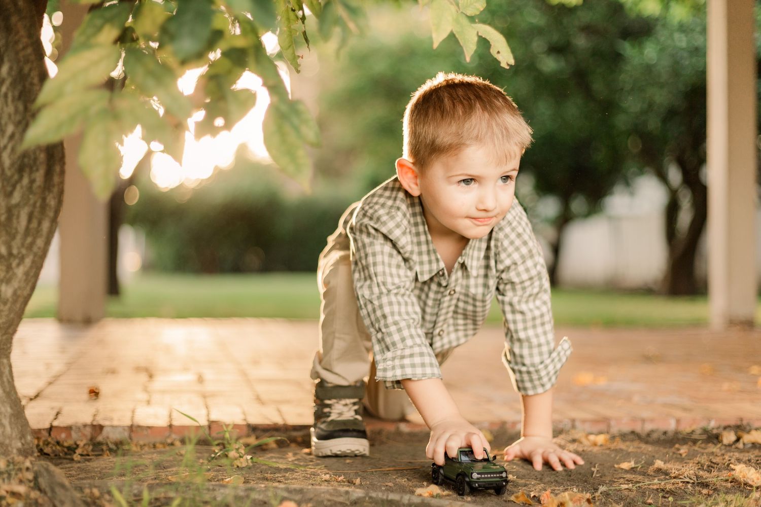 A young boy in a striped shirt plays with a small black puppy in a sunlit outdoor setting.