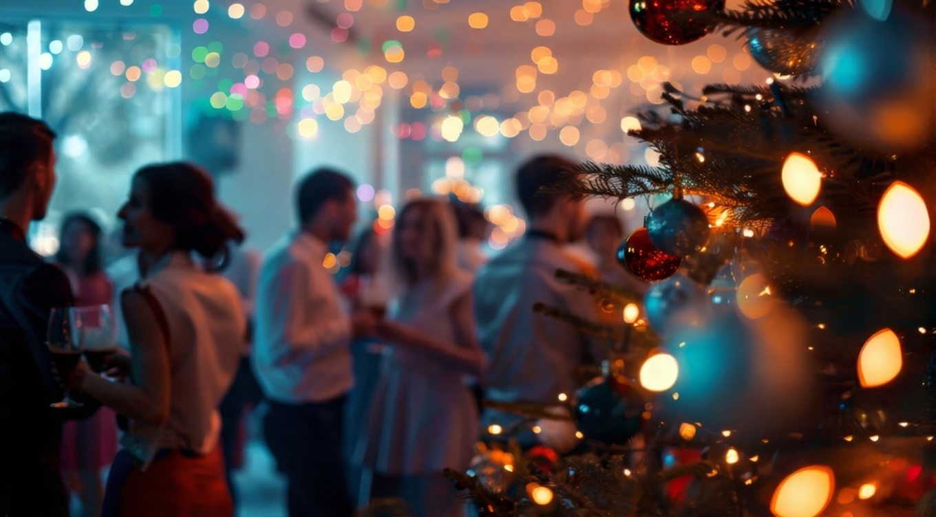 People at a party or event, out of focus, bokeh lights