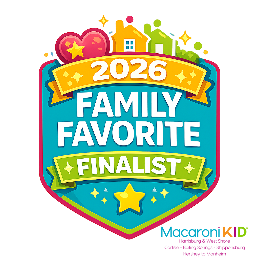 Colorful 2026 Family Favorite Finalist badge design with heart, houses and stars on turquoise background from Macaroni Kid.