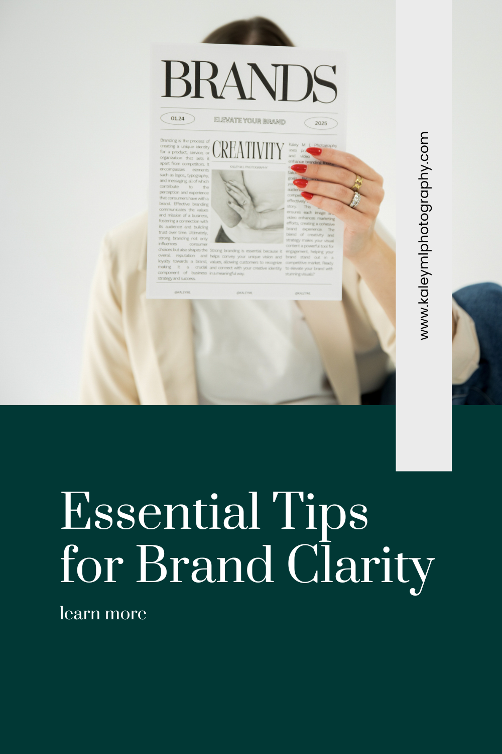 Brand clarity tips promotional image with newspaper and dark green background.
