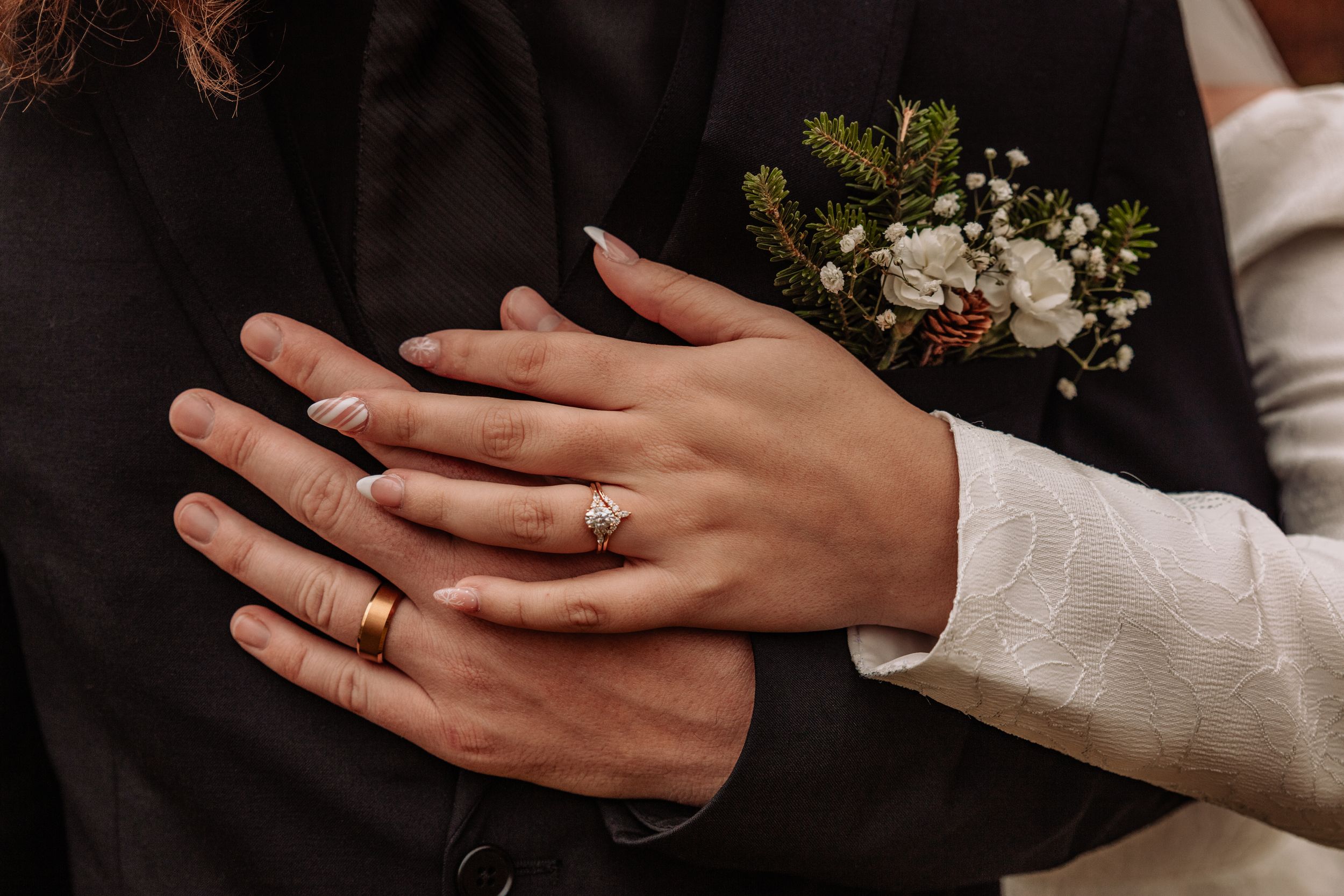 Close-up shots of hands wearing wedding rings against a white background.