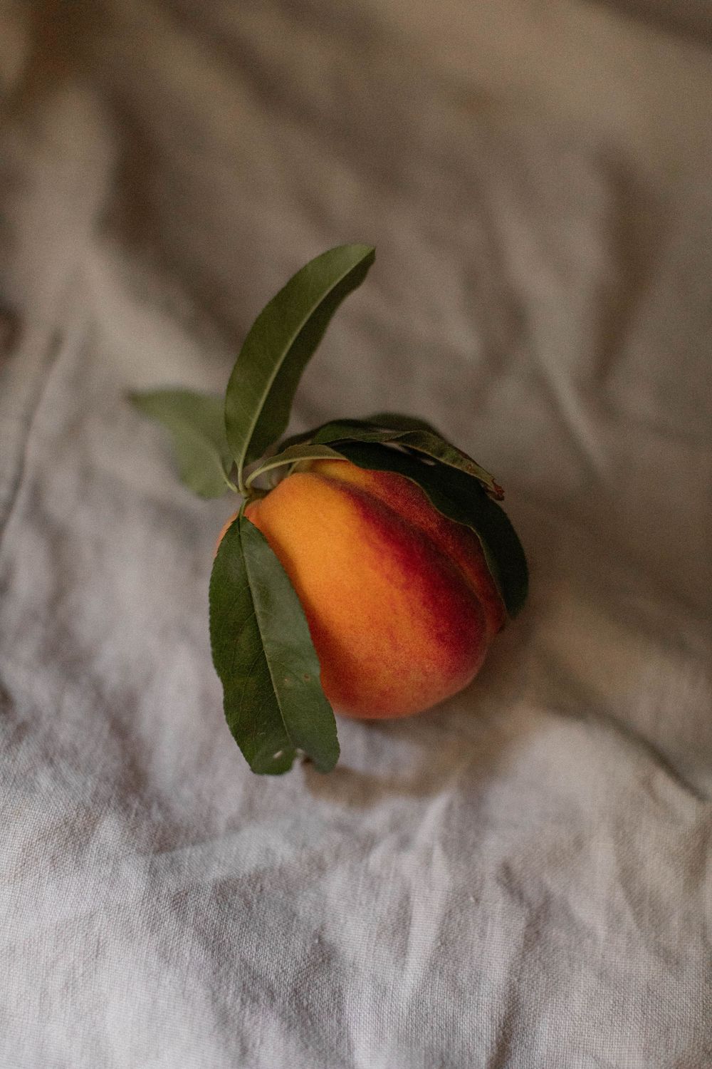 Fresh peach with green leaves on white linen fabric.