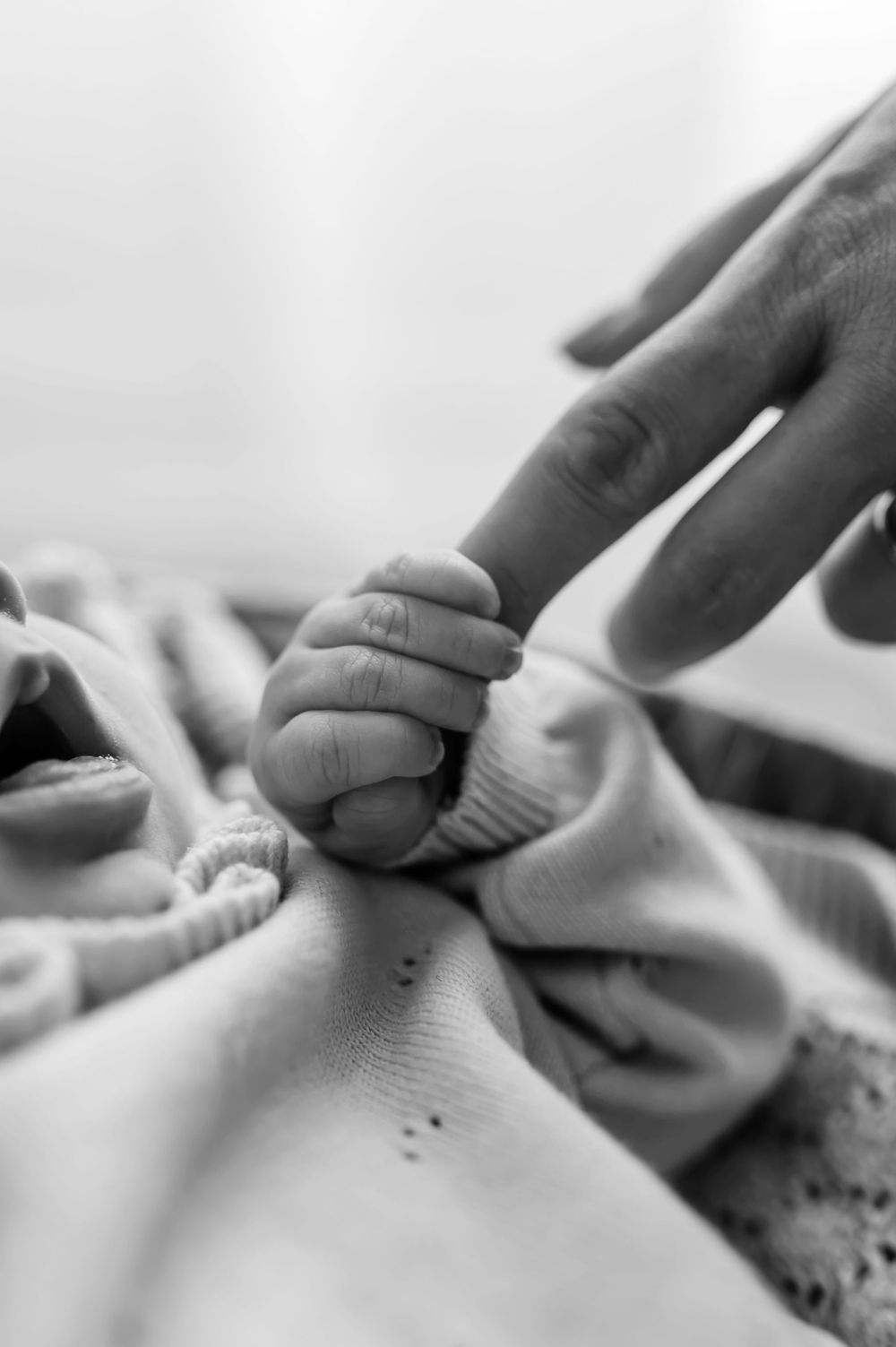 A tiny baby's hand gently grasps an adult's finger in a tender black and white photograph.