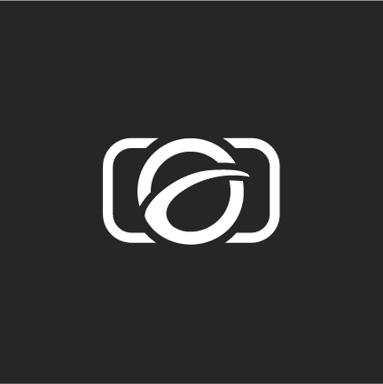 Minimalist black and white camera logo for Memory Lain Photography with an abstract lens design on dark background.