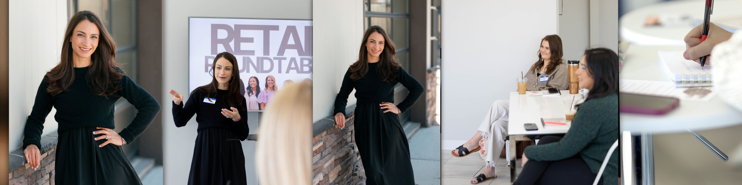 Business professionals in black attire pose confidently in an office setting through a series of four lifestyle photos.