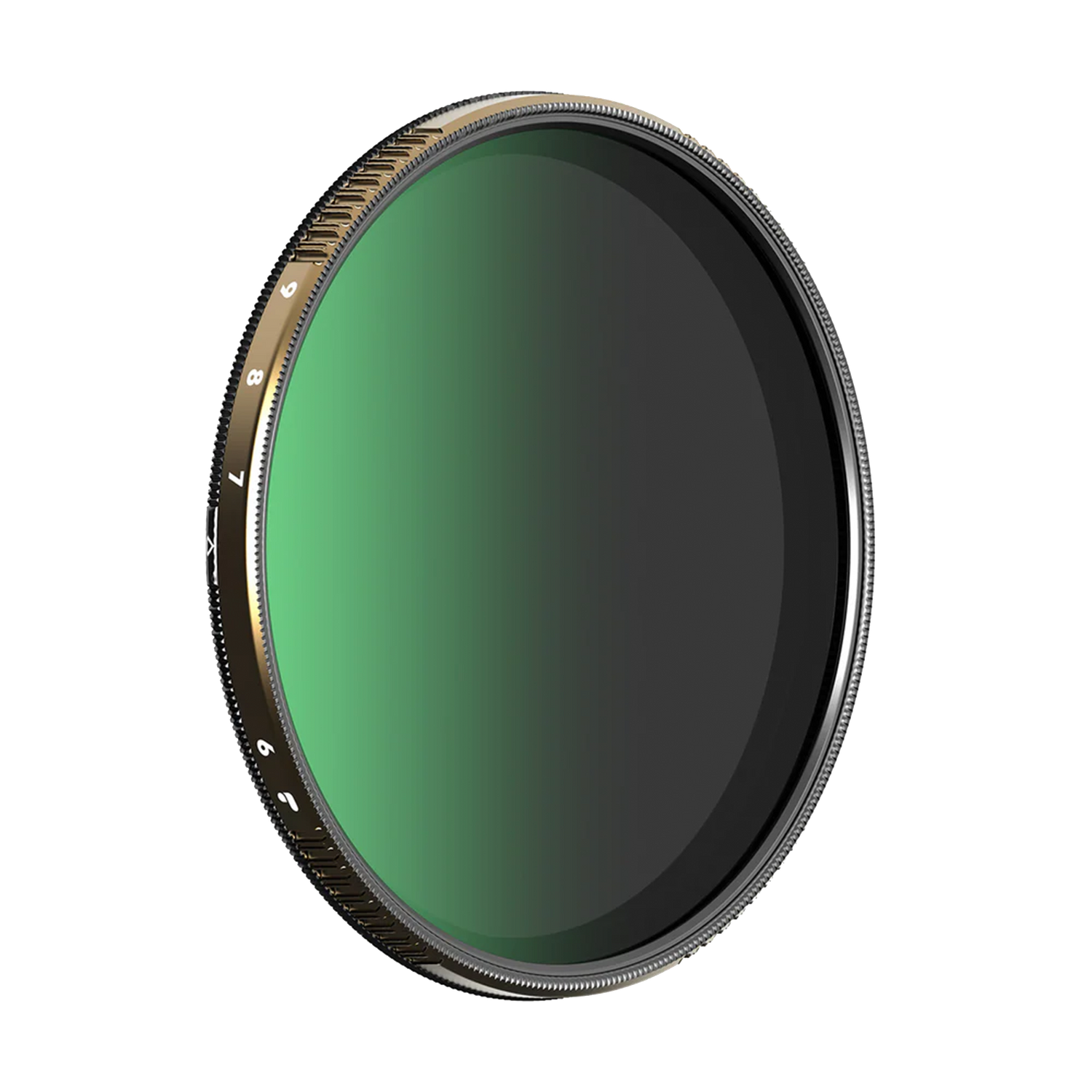 A professional camera lens filter with a dark metal frame and gradient green glass effect.
