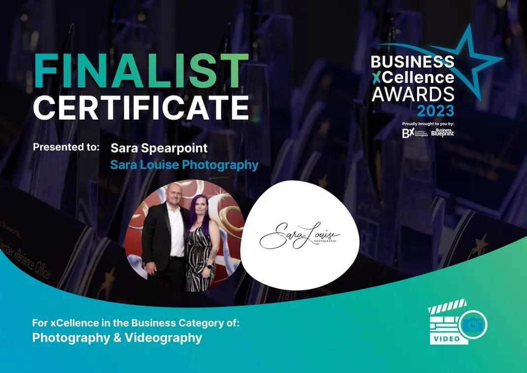 Business excellence awards finalist certificate with teal and black curved design.