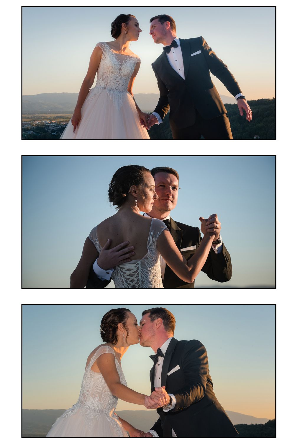 Sequence of romantic wedding dance poses at sunset.