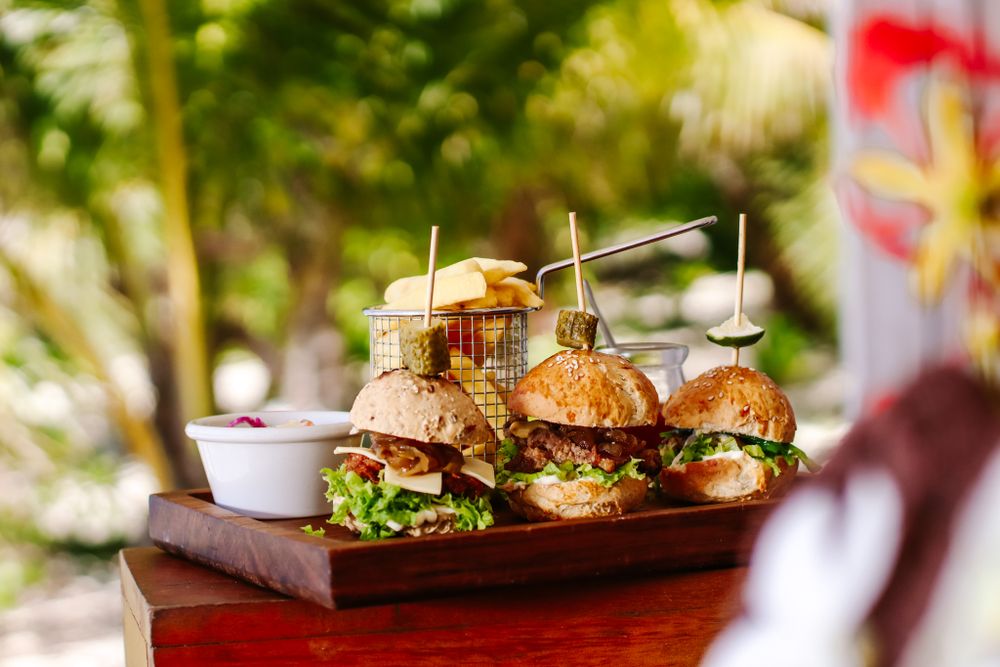 food photography of burgers on a tropical island malamala beach club fiji