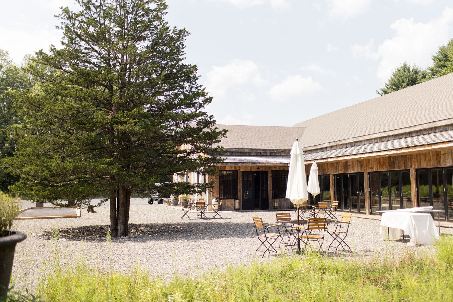 Modern rustic restaurant exterior with outdoor patio seating and pine trees on a sunny day.