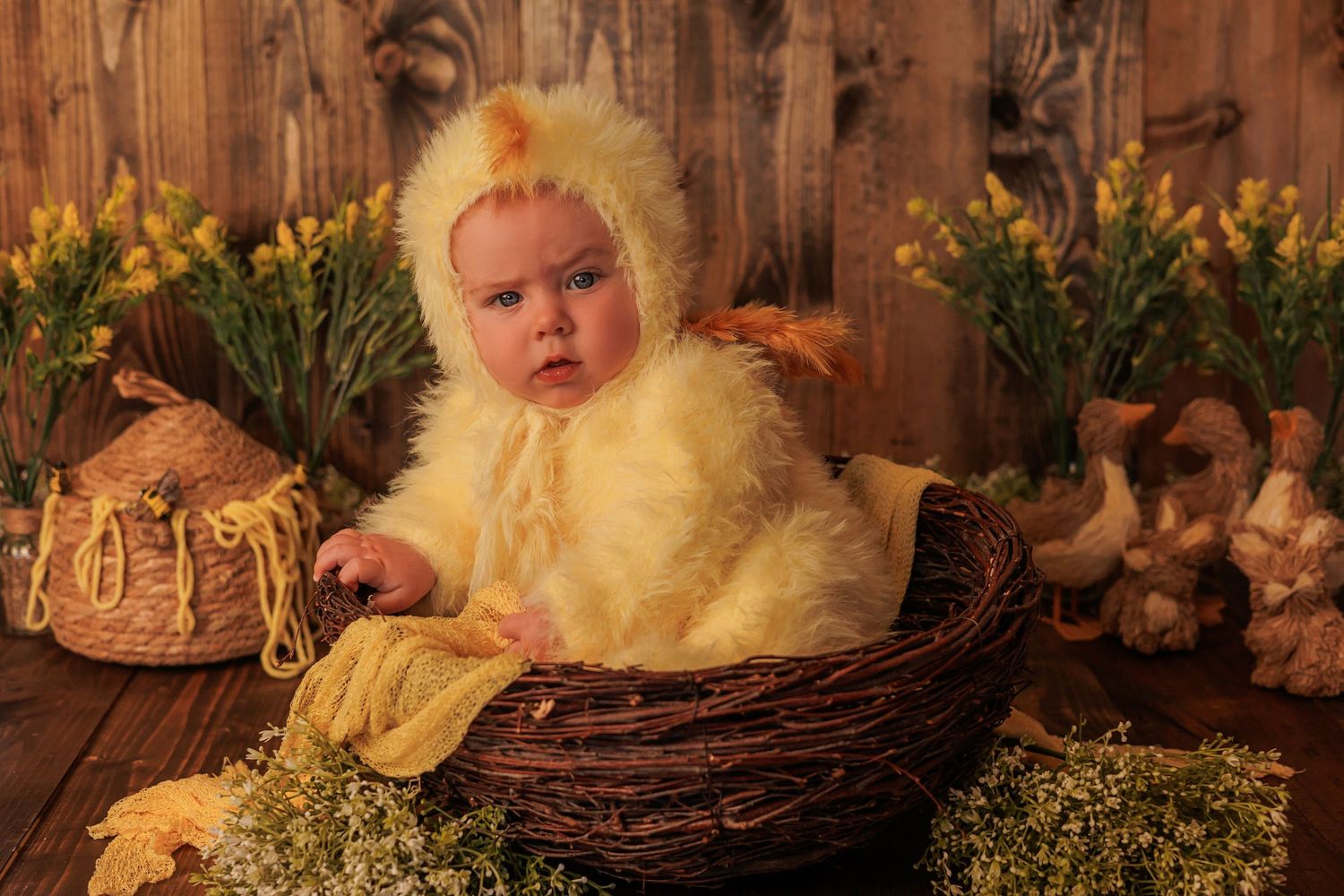 Baby wearing yellow chick costume lying in decorative nest with flowers and Easter props.
