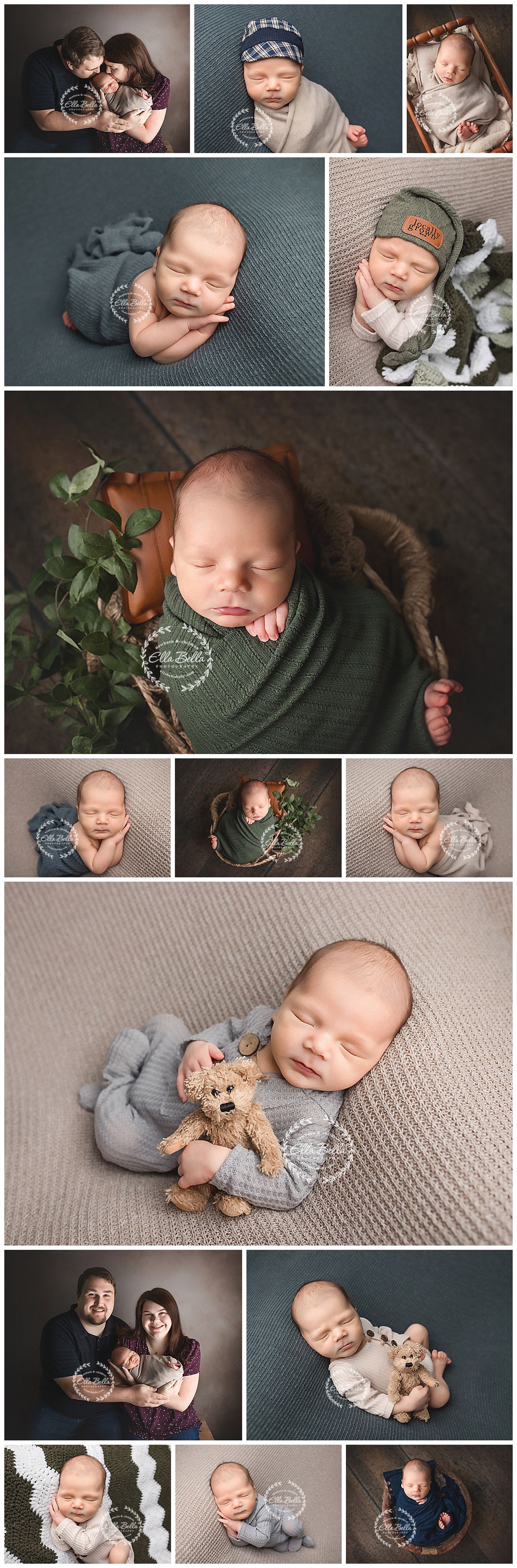 Heartwarming newborn photography collage featuring cozy wraps, soft textures, and cuddly teddy bear props against neutral backgrounds.