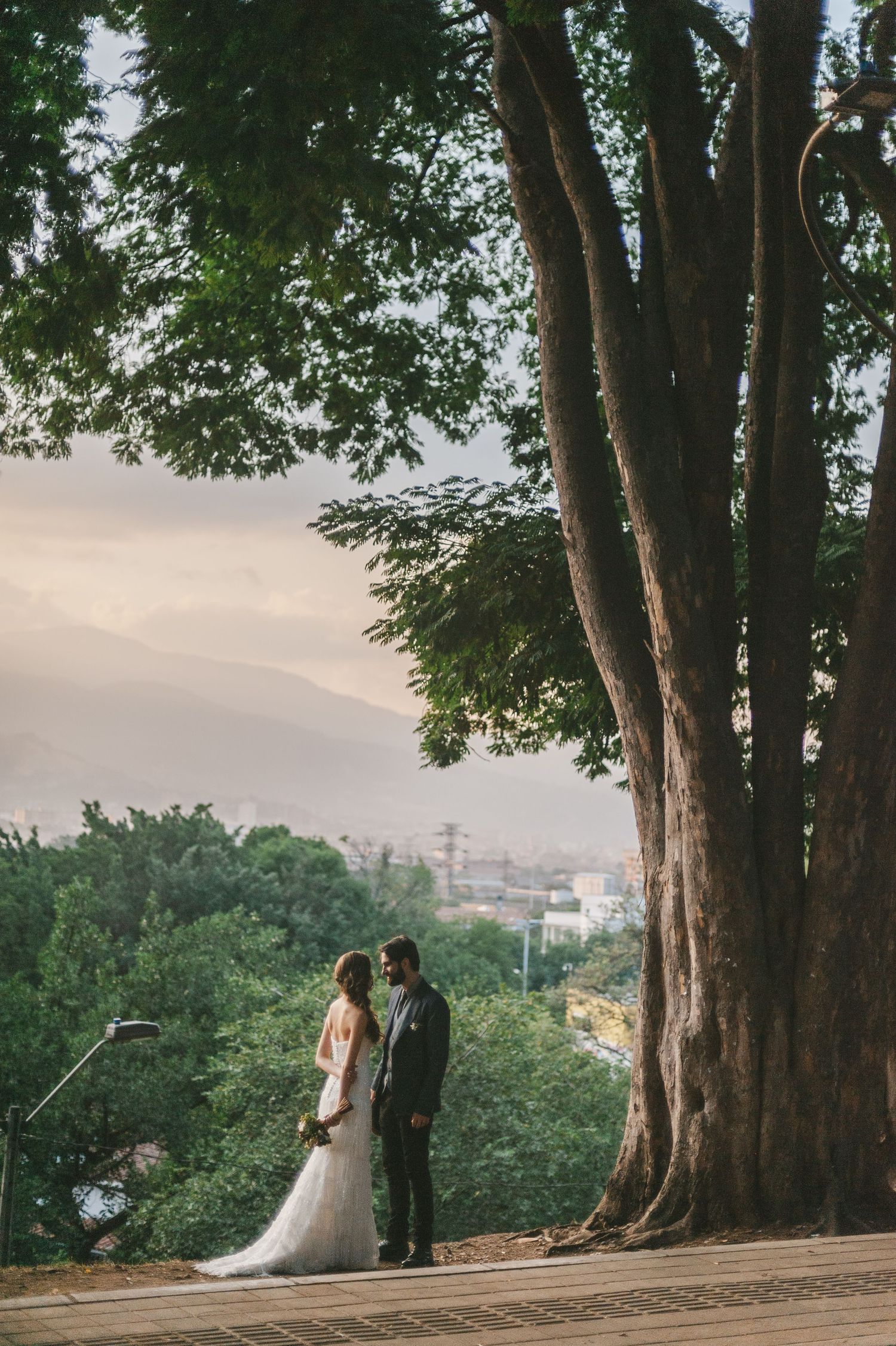 A bride and groom share a romantic moment under towering trees in a scenic outdoor setting at dusk.