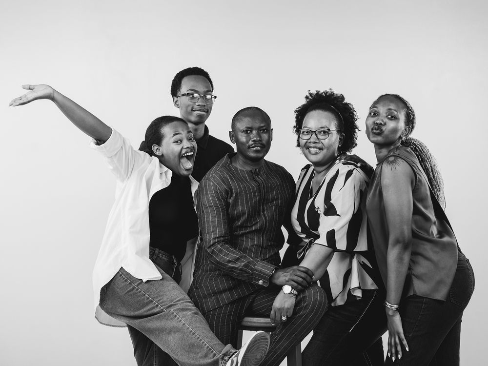 Candid black and white photo sequence capturing genuine laughter and fun group interactions.