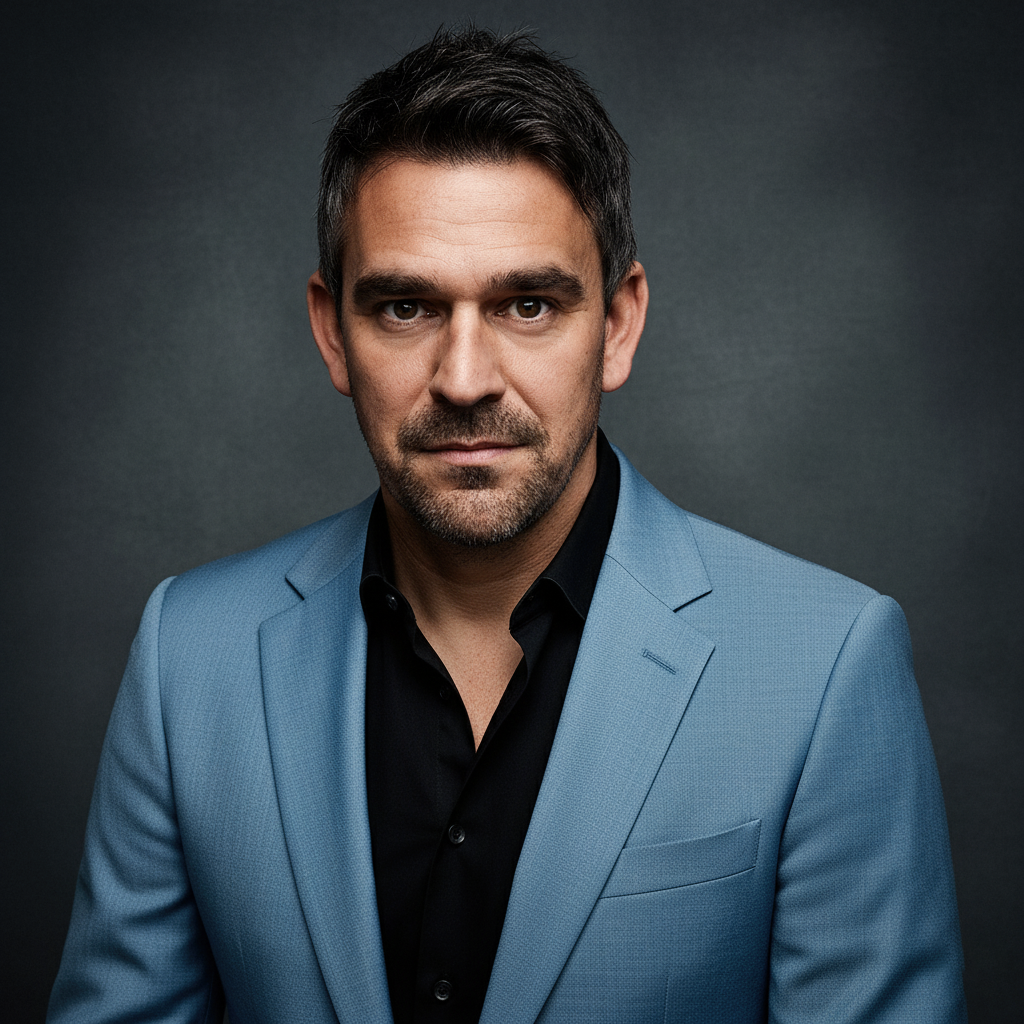 Professional headshot of a person in a light blue blazer and black shirt against a dark studio background.