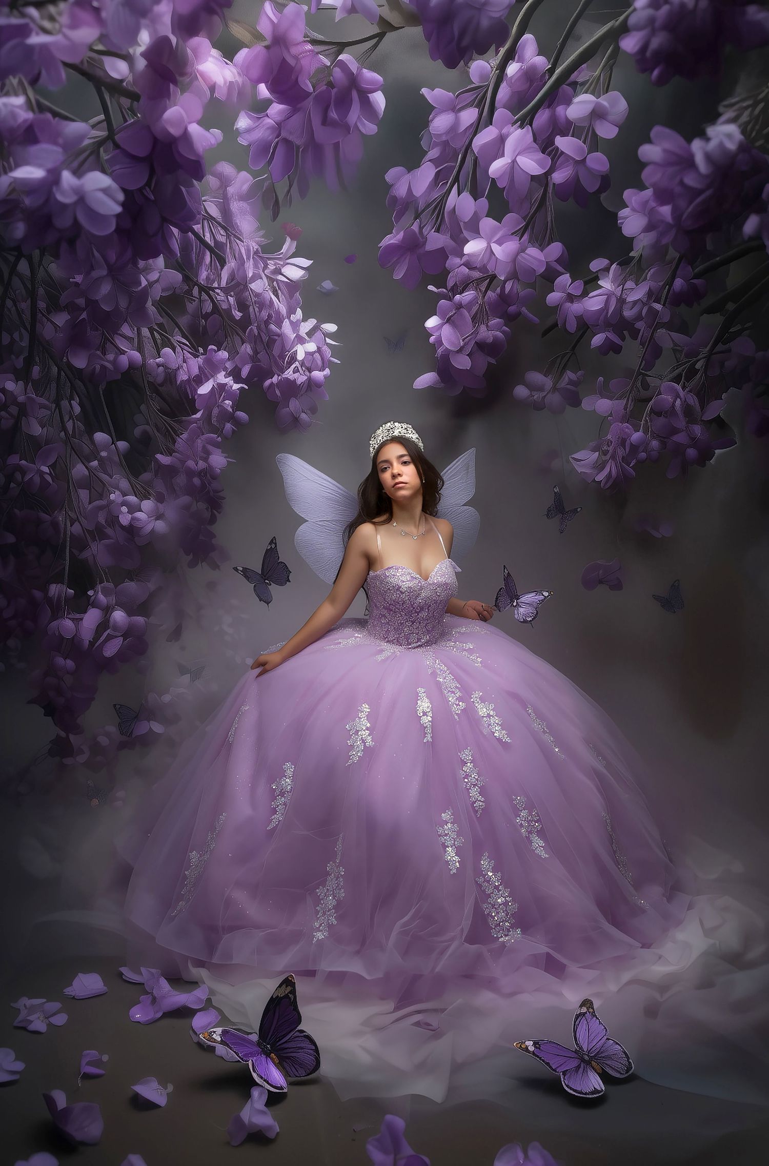 A dreamy portrait series featuring a flowing purple ballgown surrounded by cascading lavender flowers and butterflies in mystical lighting.