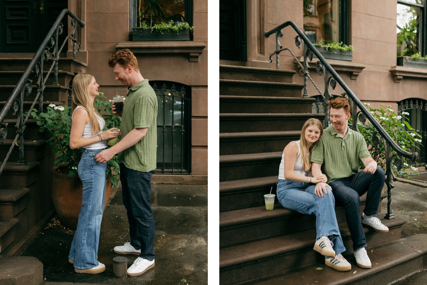 A sequence of candid moments between two people sitting on brownstone steps.