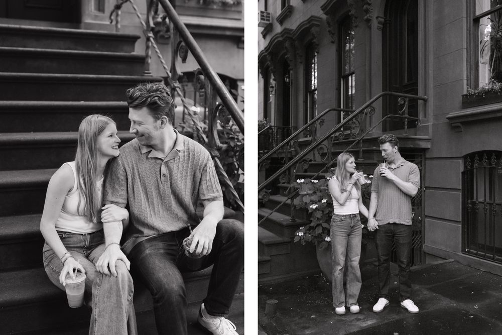 Black and white photos of a couple interacting playfully on historic building steps.