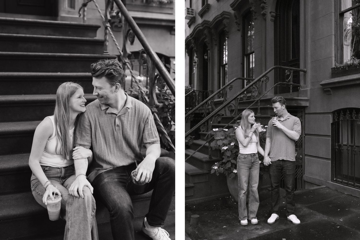 Black and white photos of a couple interacting playfully on historic building steps.