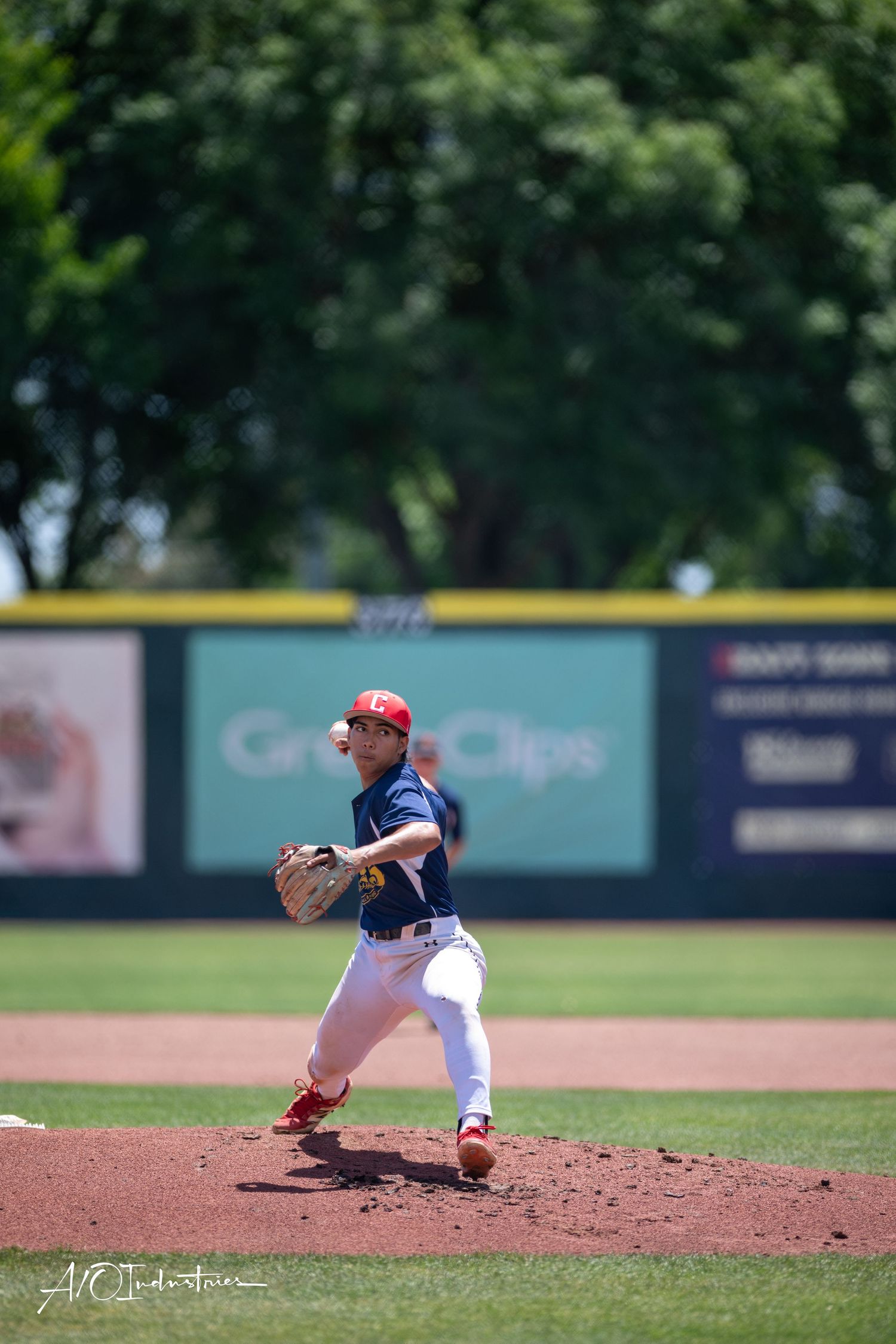 Baseball pitcher throwing from the mound on a sunny day with blurred motion capturing the delivery sequence.