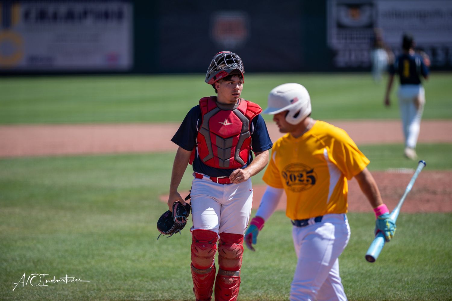 Baseball players in action during a competitive game with multiple scenes showing batting and fielding plays.