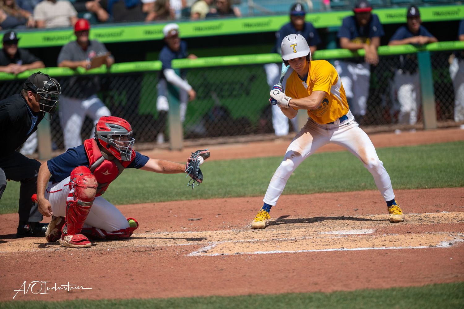 Baseball players in action as a close play develops at home plate during a competitive game.