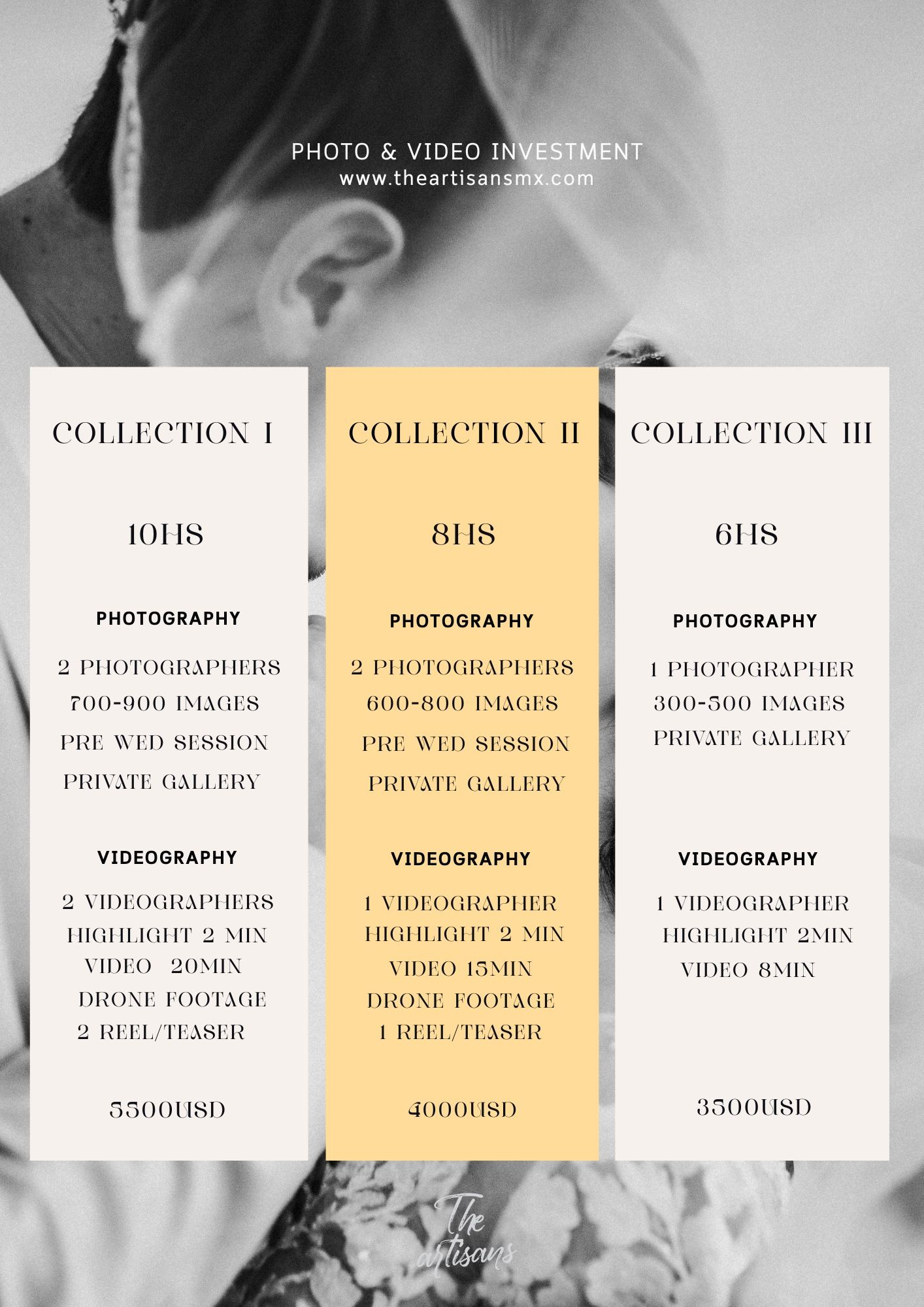 Photography service pricing menu displays collection packages and investment options in a minimalist black and white design.