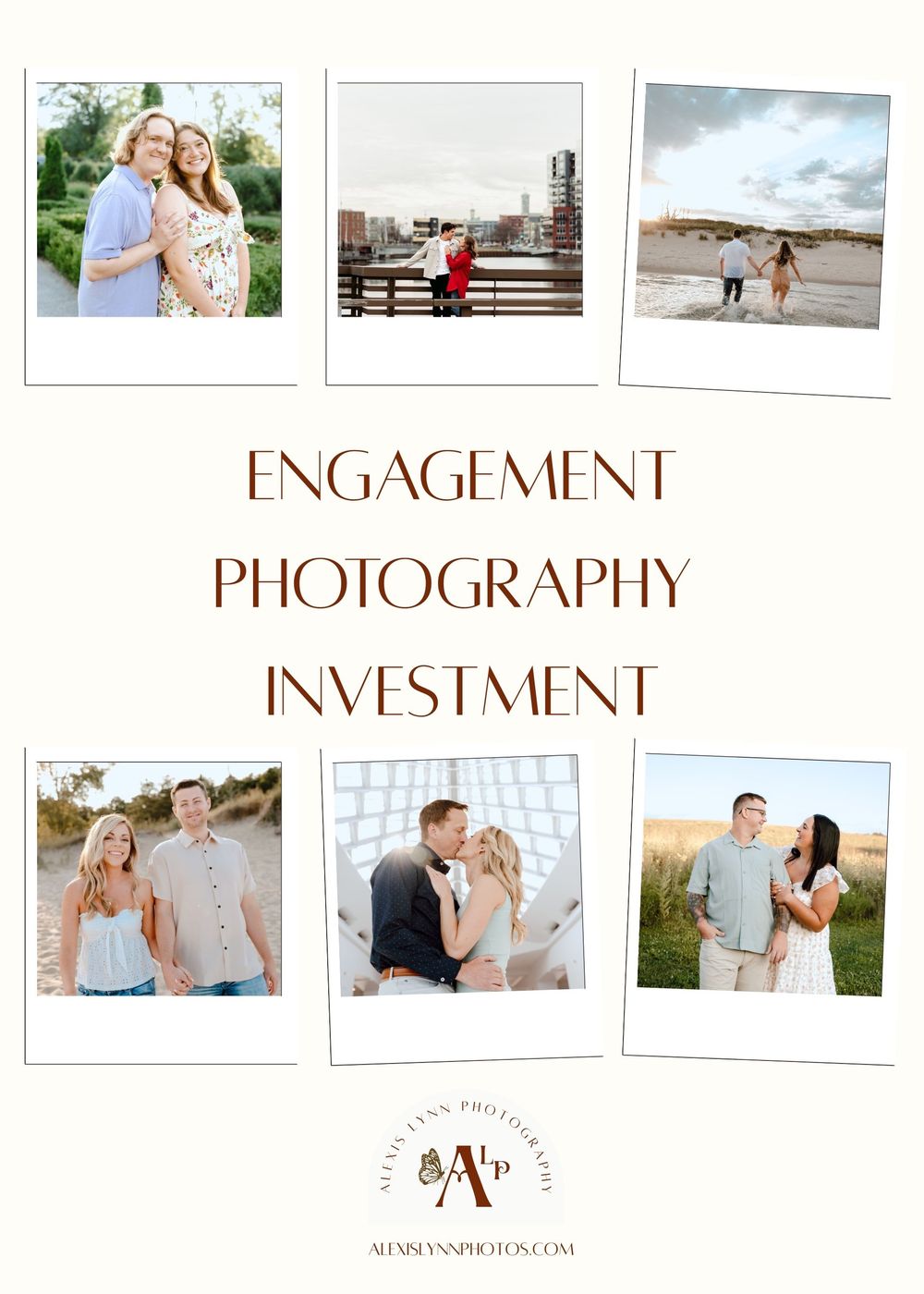 Engagement photography pricing guide with polaroid style photos and brown text showing couples in various outdoor settings.